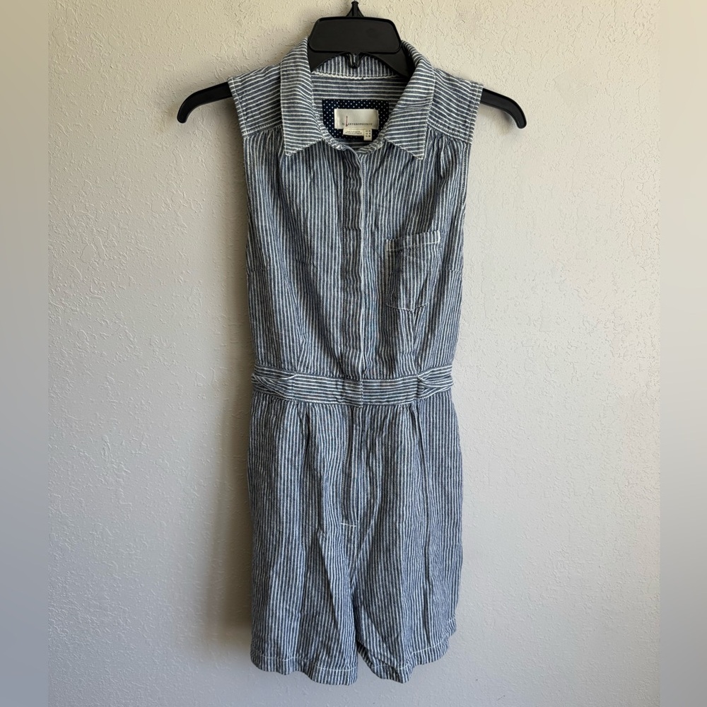 By Anthropologie Blue White Stripe Linen Blend Romper Womens 6 Travel Vacation